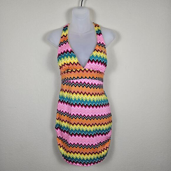 Coogi Beach Coverup Dress Womens S Chevron Colorful Y2K Mini Halter Padded Bra - Picture 1 of 16